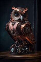 Mechanical steampunk owl sculpture, generative AI