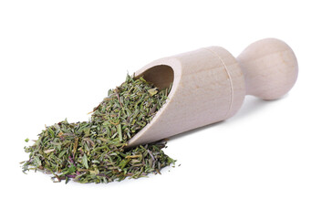 Scoop of dried thyme isolated on white