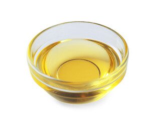 Glass bowl of cooking oil isolated on white
