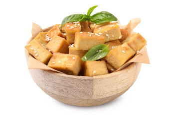 Bowl with delicious fried tofu, basil and sesame seeds on white background