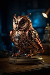 Mechanical steampunk owl sculpture, generative AI