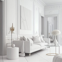 Luxurious white apartment background with contemporary design. Modern interior design. Generative AI