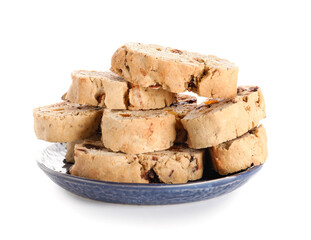 Plate with delicious biscotti cookies isolated on white background