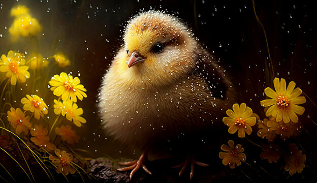 Cute little fluffy, yellow chick in rain, sun lit, flowers around.