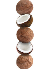 Stack of fresh coconuts on white background