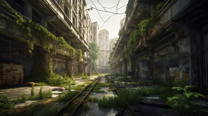 old abandoned town with plants and no man generative ai