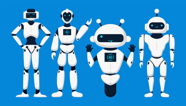 Set of cute robots, chatbots, AI bots characters design vector. AI technology and cyber characters. Futuristic technology service and communication artificial intelligence concept