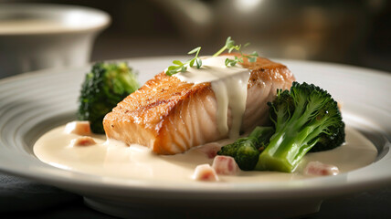 Experience the Perfect Harmony of Fried Salmon, Broccoli, and Salad in Creamy Sauce