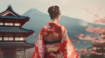 A woman wearing a kimono. Castle and mountains in her background（着物を着た女性）
