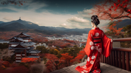 A woman wearing a kimono. Castle and mountains in her background（着物を着た女性）