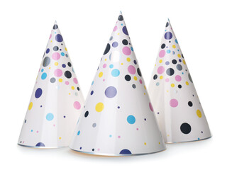 Party cone hats on white background