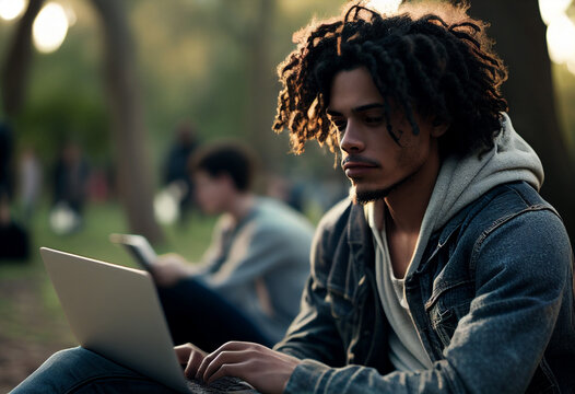 Portrait Of Handsome Hipster Young Man College Student Working On Laptop At The Park With Group Friends, Ai Generate