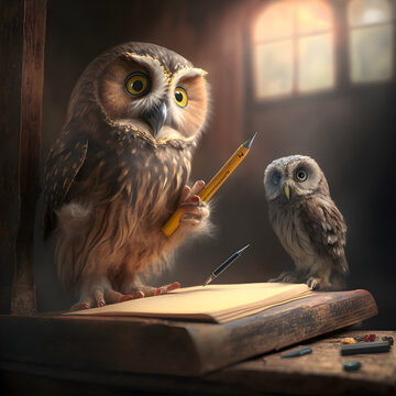 Cute owl teacher with her little puppy