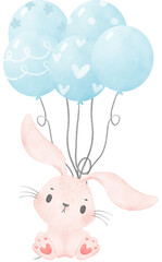 Adorable whimsical sweet happy baby pink bunny rabbit holding  balloons children nursery watercolor hand painting	

