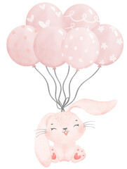 Adorable whimsical sweet happy baby pink bunny rabbit holding  balloons children nursery watercolor hand painting	
