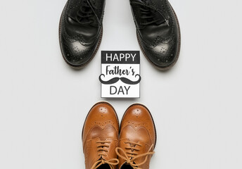 Stylish male shoes and card with text HAPPY FATHER'S DAY on white background