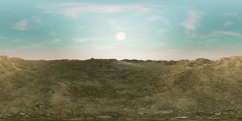 8K, HDRI map, realistic landscape with hills, stones, rocks, pebbles, sand and dust, 360 degree render, spherical nature background environment, 3d equirectangular panorama