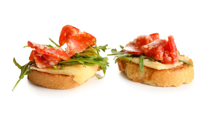 Tasty bruschettas with ham isolated on white background