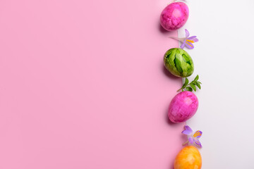 Row of Easter eggs and beautiful crocus flowers on colorful background