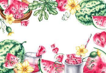 Watercolor frame from watermelon, cocktails, slices, flower on a white background