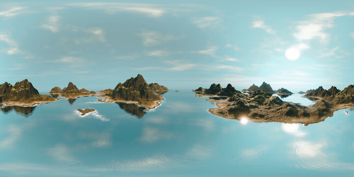 8K HDRI map, ocean landscape, islands with mountains and sandy beaches, realistic 360 degree rendering for spherical nature background environment, 3d equirectangular panorama