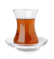 Glass cup of Turkish tea on white background