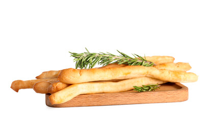 Wooden board with tasty Italian Grissini on white background