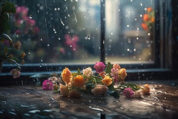 Fototapeta na wymiar Rain-Kissed Blooms: Photorealistic Beauty in the Midst of a Rainy Day Bloom 4