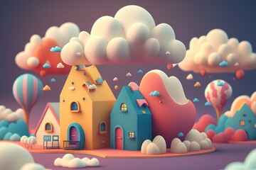 3D cute mini city, mini world, miniature city, kid style, colorful, houses, hotels, streets, clouds, hill, happy color