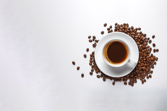 Top view a cup of coffee with coffee beans around a saucer isolated on white background with copy space. Created with Generative AI Technology