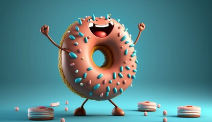 A 3D donut character with a happy face and arms raised in celebration.