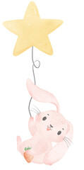 Adorable whimsical sweet happy baby pink bunny rabbit holding a star balloon children nursery watercolor hand painting	
