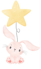 Adorable whimsical sweet happy baby pink bunny rabbit holding a star balloon children nursery watercolor hand painting	
