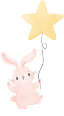 Adorable whimsical sweet happy baby pink bunny rabbit holding a star balloon children nursery watercolor hand painting	
