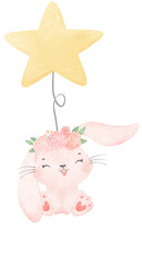 Adorable whimsical sweet happy baby pink bunny rabbit holding a star balloon children nursery watercolor hand painting	

