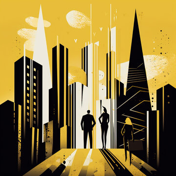 Black and gold business illustration, workers standing in a city, generative AI