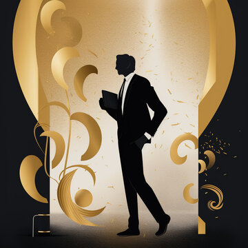 Businessman illustration, businessman holding documents, black and gold theme, generative AI