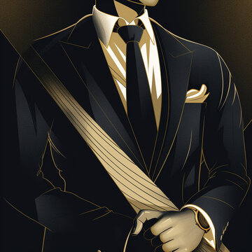 Illustration of a businessman in a black and gold suit, black tie, plain background, rich and wealthy, generative AI