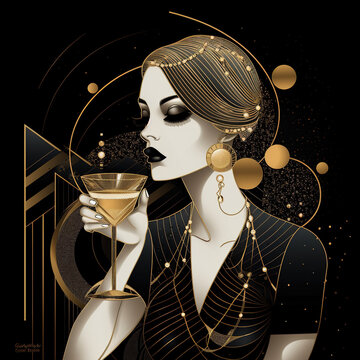Businesswoman holding a drink, black and gold colors, rich and luxurious, generative AI