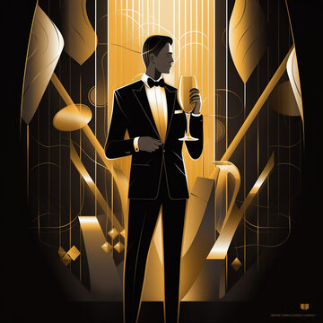Businessman holding a drink, illustration with black and gold colors, generative AI