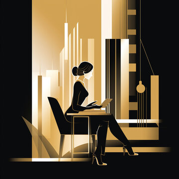 Businesswoman illustration, sitting at an office desk, black and gold colors, generative AI