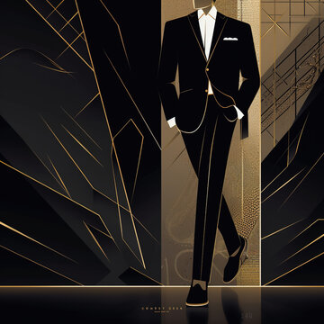 Businessman in a black and white suit, illustration with gold and black colors in the background, generative AI