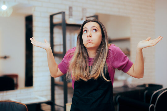 Puzzled Hairdresser Feeling Confused in a Hair Salon. Clueless hairstylist not knowing what to do feeling stressed 

