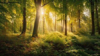 Obraz premium A Glowing Canopy of Green Leaves in a Sun-Kissed Forest created using generative ai