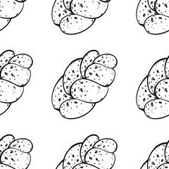 Challah seamless vector pattern. Unleavened Jewish bread, religious celebration pastries for Shabbat. Fresh egg bun with sesame seeds. Food sketch. Background for menu, wrapping paper, packaging