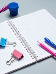 A schoolchild's workplace with an open notebook, pencils, pens, brushes, watercolors and other stationery on a light table