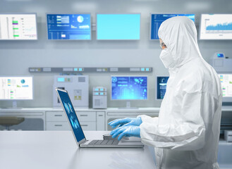 Worker or engineer wears protective suit or coverall suit work in semiconductor manufacturing...