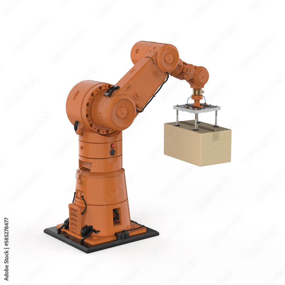 Poster automation factory or cargo with 3d rendering robotic arm carry cardboard box