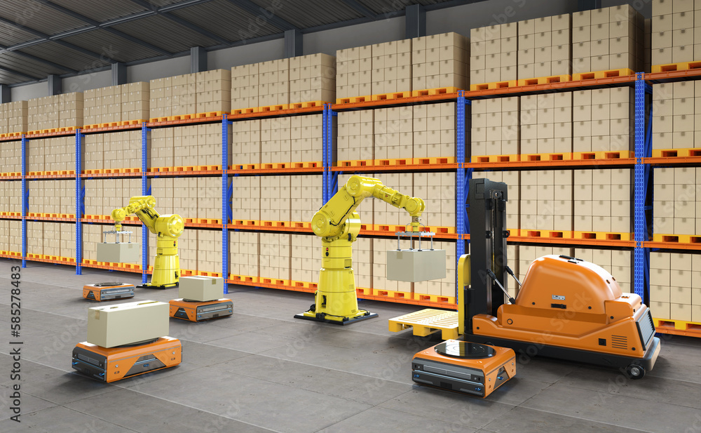 Poster automation factory or cargo with robot arms and warehouse robots