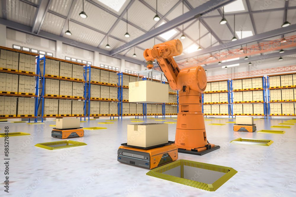 Aufkleber automation factory or cargo with robot arms and warehouse robots